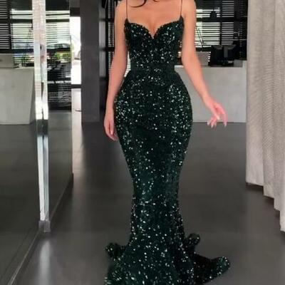 Sparkly spaghetti straps green sequin long evening dresses