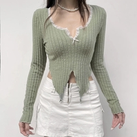 Green Lace Split Patchwork Long Sleeve T-shirt  - Thumbnail 2