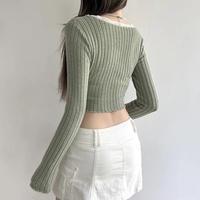 Green Lace Split Patchwork Long Sleeve T-shirt  - Thumbnail 4