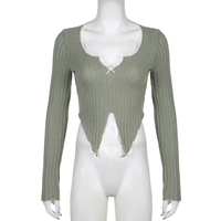 Green Lace Split Patchwork Long Sleeve T-shirt  - Thumbnail 5