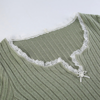 Green Lace Split Patchwork Long Sleeve T-shirt  - Thumbnail 8