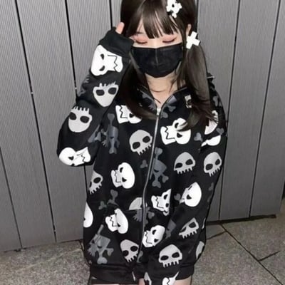 Black skull punk zipper hoodie 