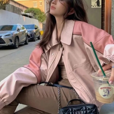 Pink faux pu leather zup up cropped jacket 