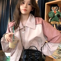 Pink Faux PU Leather Zup Up Cropped Jacket  - Thumbnail 1