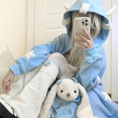 Blue fairy wing horns zipper hoodie 