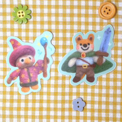 Lil needle felt owl wizard and fox hero vinyl stickers