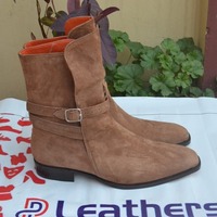 New Handmade Brown Suede Leather Ankle High Cowboy Monk Boot - Thumbnail 2