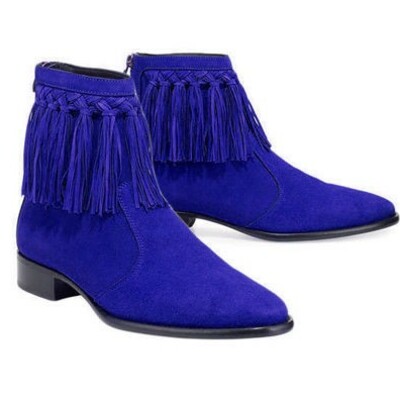Handmade blue suede fringes cowboy men boot - Thumbnail 4