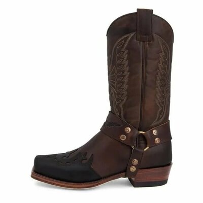 New Handmade Men's Brown Buckle Caved Cowboy Boots