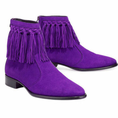 Mens cow boy high ankle purple color suede leather handmade fringe boots