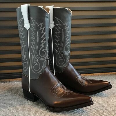 Handmade men western style brown grey leather cowboy boot