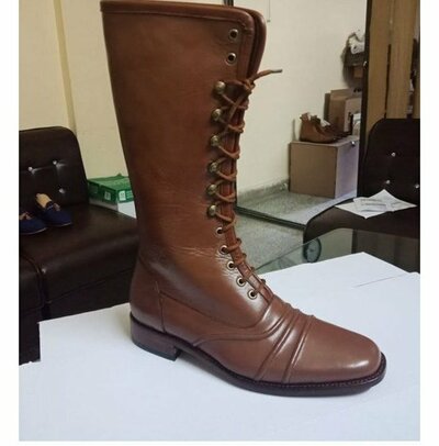 Men Brown Military Style Superb Leather Cowboy Long Boot