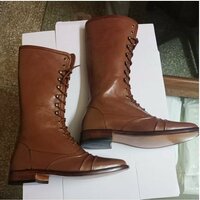 Men Brown Military Style Superb Leather Cowboy Long Boot - Thumbnail 2