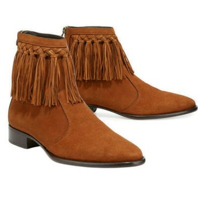 Mens cow boy high ankle brown color suede leather handmade fringe boots - Thumbnail 5