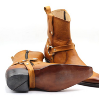 STYLISH BUCKLE STRAP SIDE ZIPPER COWBOY LONG BOOT IN BROWN GENUINE LEATHER WITH PERFECT CUBAN HEEL - Thumbnail 1