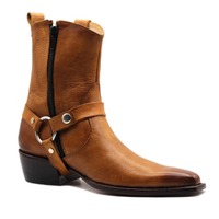 STYLISH BUCKLE STRAP SIDE ZIPPER COWBOY LONG BOOT IN BROWN GENUINE LEATHER WITH PERFECT CUBAN HEEL - Thumbnail 2