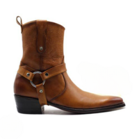 STYLISH BUCKLE STRAP SIDE ZIPPER COWBOY LONG BOOT IN BROWN GENUINE LEATHER WITH PERFECT CUBAN HEEL - Thumbnail 3
