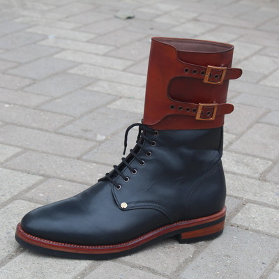 Black ankle high genuine leather men double buckle cowboy boot - Thumbnail 4