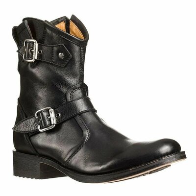 Men's black ankle high retro handcrafted leather buckle cowboy boots