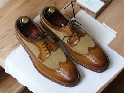 Handmade Brown Beige Suede Leather Shoes,Wing Tip Lace Up Dress Shoes