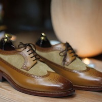 Handmade Brown Beige Suede Leather Shoes,Wing Tip Lace Up Dress Shoes - Thumbnail 1