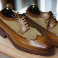 Handmade Brown Beige Suede Leather Shoes,Wing Tip Lace Up Dress Shoes - Thumbnail 2