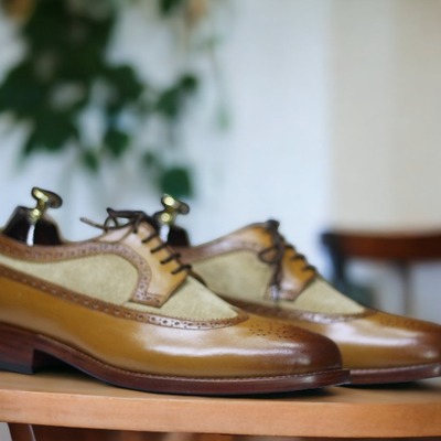 Handmade brown beige suede leather wing tip lace up dress shoes - Thumbnail 3