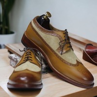 Handmade Brown Beige Suede Leather Wing Tip Lace Up Dress Shoes - Thumbnail 3