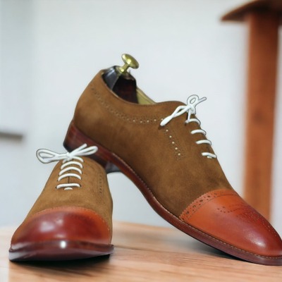 Handmade tan leather & brown suede shoes, cap toe lace up dress shoes
