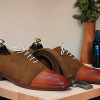 Handmade Tan Leather & Brown Suede Shoes, Cap Toe Lace Up Dress Shoes - Thumbnail 2