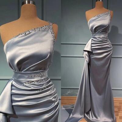 One shoulder silver long evening dresses with beading
