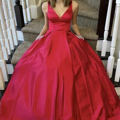 Simple v neck red satin prom dresses with pockets