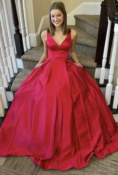 Simple V Neck Red Satin Prom Dresses with Pockets