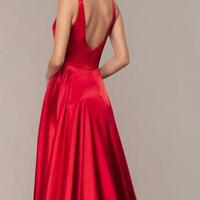 Simple V Neck Red Satin Prom Dresses with Pockets - Thumbnail 1