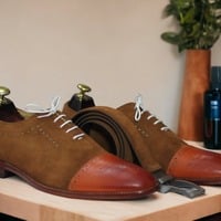 Handmade Tan Leather & Brown Suede Cap Toe Lace Up Dress Shoes - Thumbnail 2