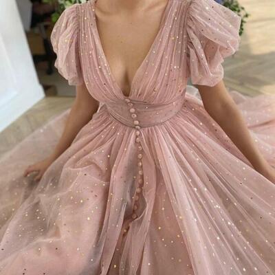 Blush pink tulle ankle length prom dresses