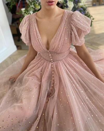 Blush Pink Tulle Ankle Length Prom Dresses