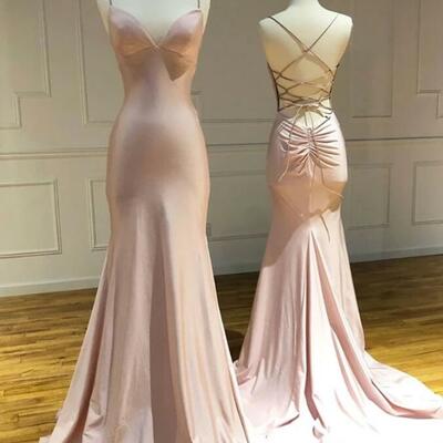 Mermaid backless pink stain evening dresses
