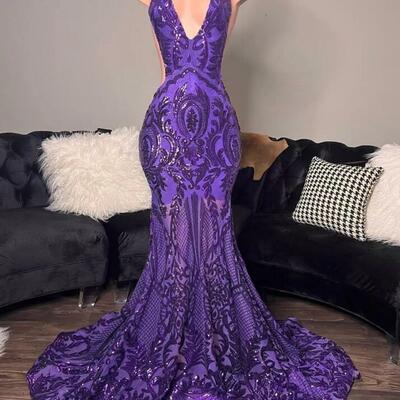 Sparkly halter purple mermaid sequin prom dresses - Thumbnail 3