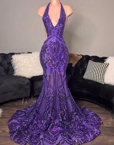 Sparkly Halter Purple Mermaid Sequin Prom Dresses