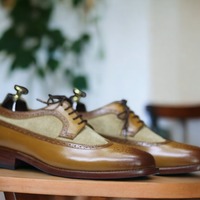 Handmade Brown Beige Suede Leather Wing Tip Lace Up Dress Shoes - Thumbnail 1