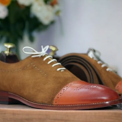 Handmade tan leather & brown suede shoes, cap toe lace up dress shoes - Thumbnail 2