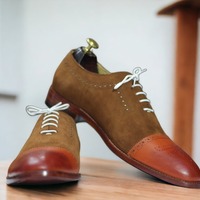 Handmade Tan Leather & Brown Suede Shoes, Cap Toe Lace Up Dress Shoes - Thumbnail 1