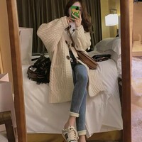 Retro mid-length horn button coat knitted cardigan - Thumbnail 3