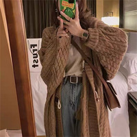 Retro mid-length horn button coat knitted cardigan - Thumbnail 1