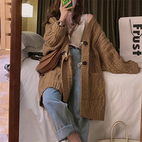 Retro mid-length horn button coat knitted cardigan - Thumbnail 2