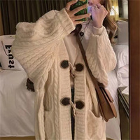 Retro mid-length horn button coat knitted cardigan - Thumbnail 4