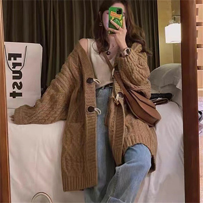 Retro mid-length horn button coat knitted cardigan