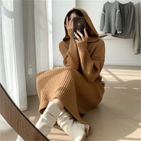 Solid Color Hooded Long Sleeve Knitted Dress - Thumbnail 7