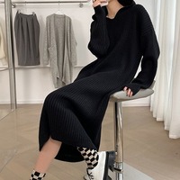 Solid Color Hooded Long Sleeve Knitted Dress - Thumbnail 4